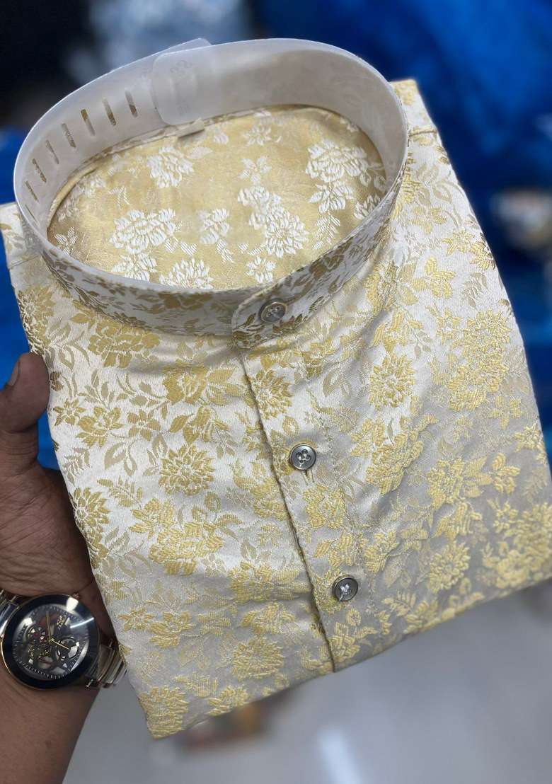 Beige Embroidered Jacquard Silk Kurta Pajama Set For Men - Indya