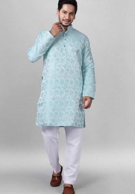 Light Blue Embroidered Jacquard Silk Kurta Pajama Set For Men