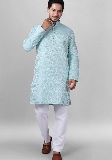 Light Blue Embroidered Jacquard Silk Kurta Pajama Set For Men