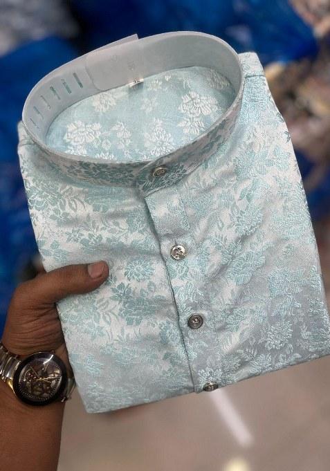 Light Blue Embroidered Jacquard Silk Kurta Pajama Set For Men