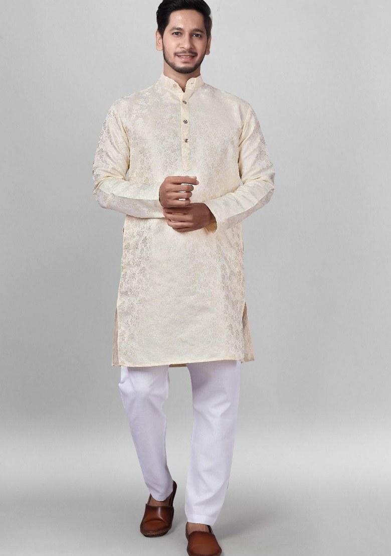 Cream Embroidered Jacquard Silk Kurta Pajama Set For Men