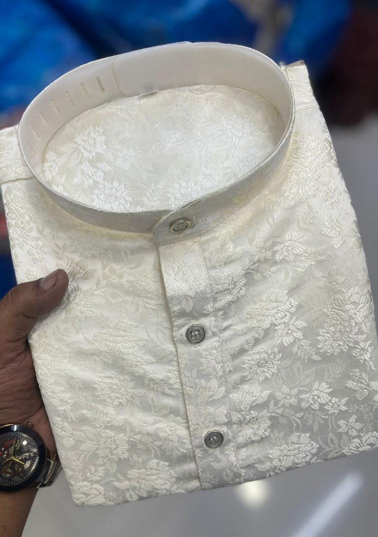 Cream Embroidered Jacquard Silk Kurta Pajama Set For Men