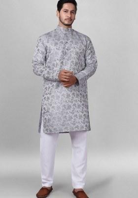 Grey Embroidered Jacquard Silk Kurta Pajama Set For Men