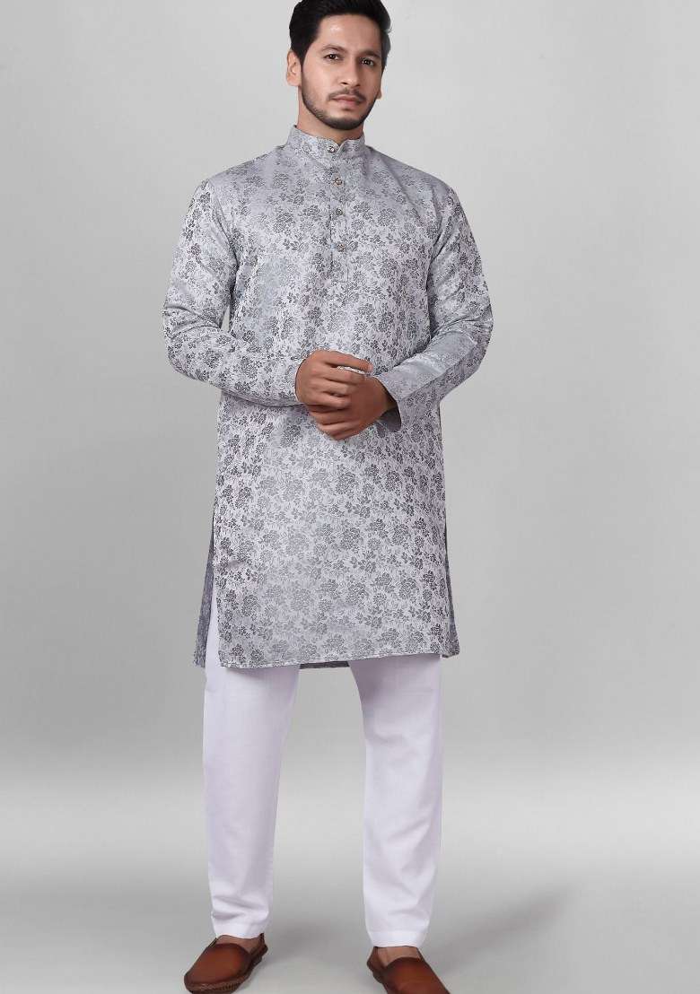 Grey Embroidered Jacquard Silk Kurta Pajama Set For Men - Indya