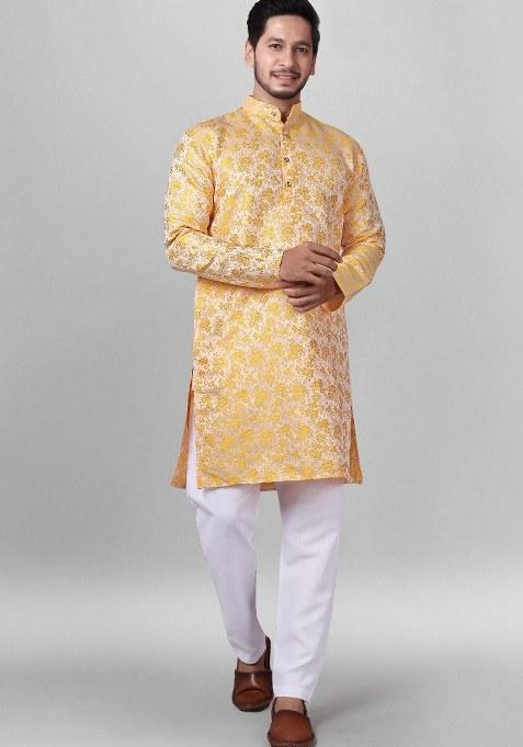 Mustard Yellow Embroidered Jacquard Silk Kurta Pajama Set For Men