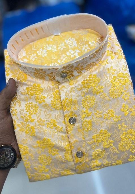 Mustard Yellow Embroidered Jacquard Silk Kurta Pajama Set For Men