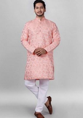 Pink Embroidered Jacquard Silk Kurta Pajama Set For Men