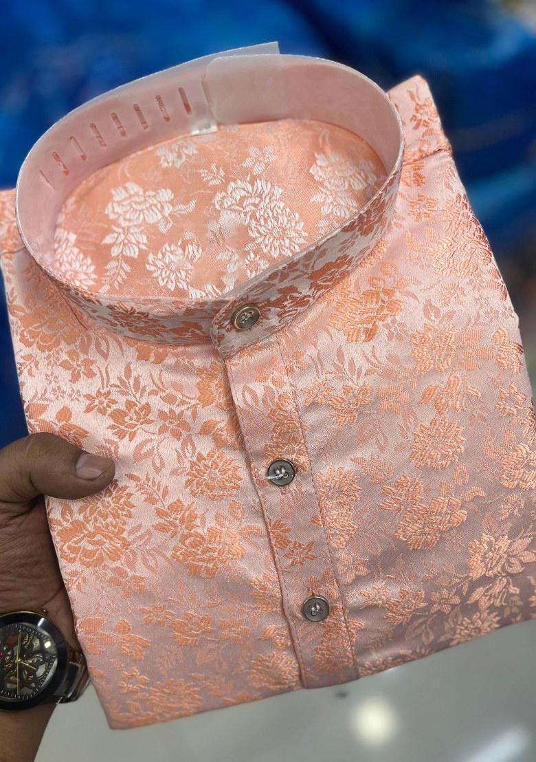 Pink Embroidered Jacquard Silk Kurta Pajama Set For Men