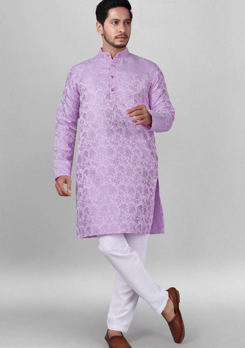 Purple Embroidered Jacquard Silk Kurta Pajama Set For Men