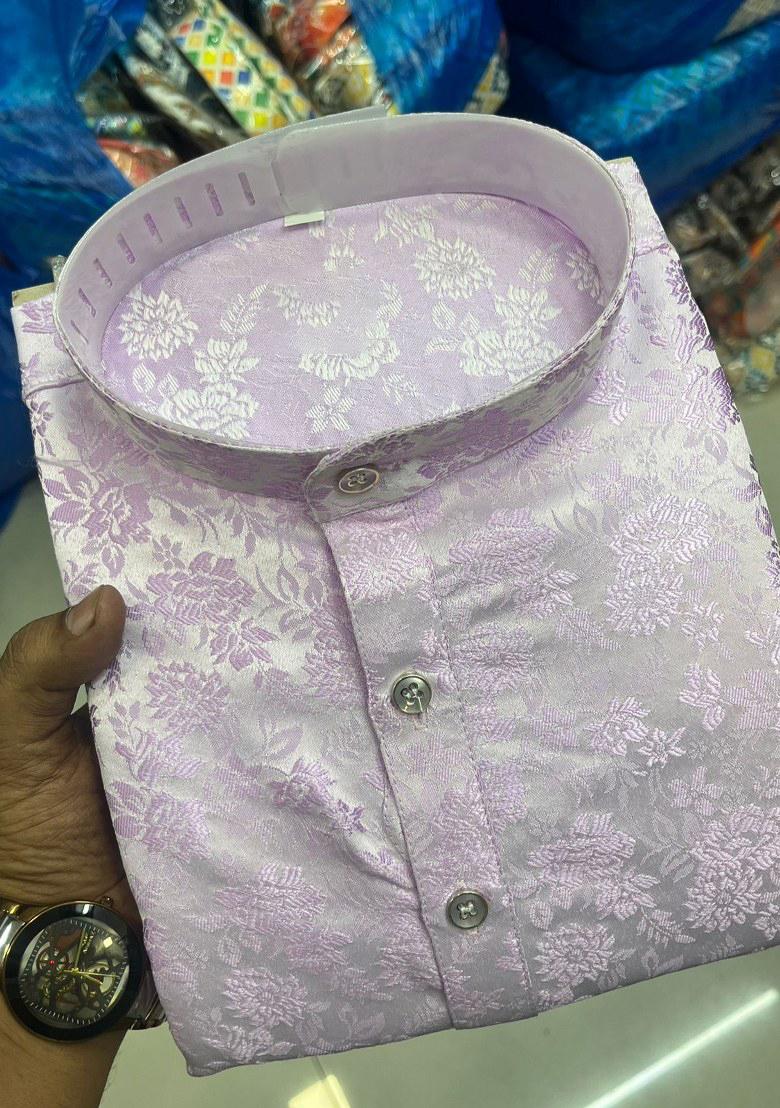 Purple Embroidered Jacquard Silk Kurta Pajama Set For Men