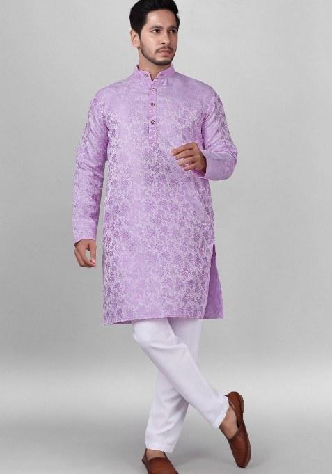 Purple Embroidered Jacquard Silk Kurta Pajama Set For Men
