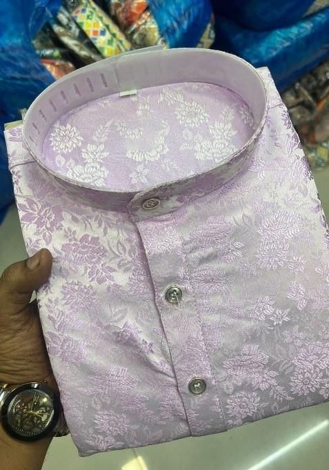 Purple Embroidered Jacquard Silk Kurta Pajama Set For Men