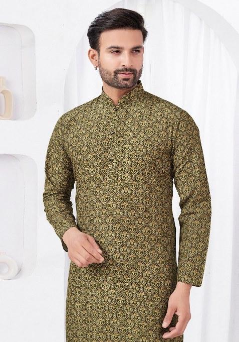 Brown Embroidered Cotton Kurta Pajama Set For Men