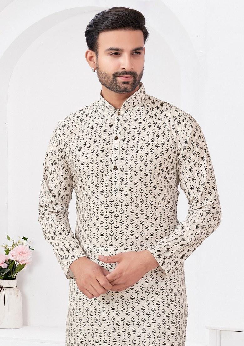 White Embroidered Cotton Kurta Pajama Set For Men