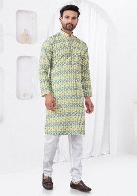 Yellow Embroidered Cotton Kurta Pajama Set For Men