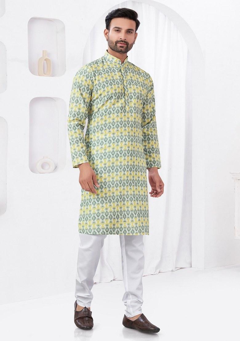 Yellow Embroidered Cotton Kurta Pajama Set For Men