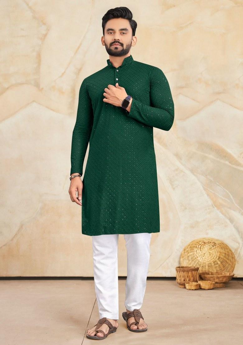 Green Embroidered Rayon Kurta Pajama Set For Men