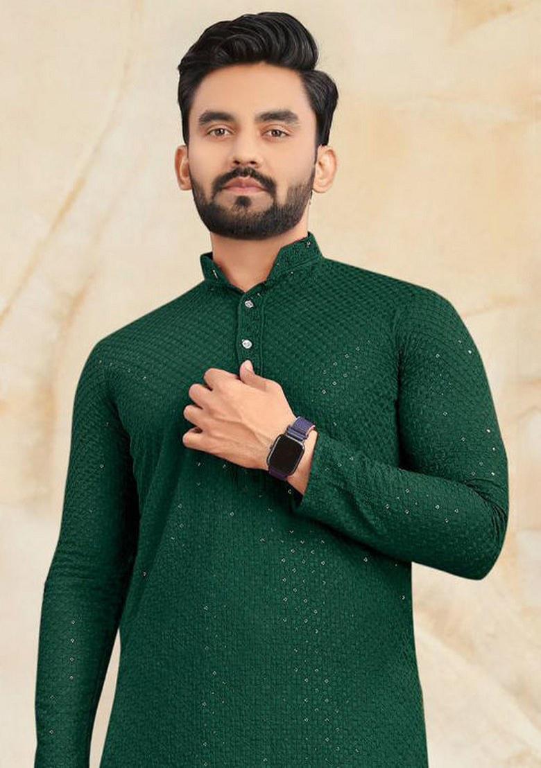 Green Embroidered Rayon Kurta Pajama Set For Men