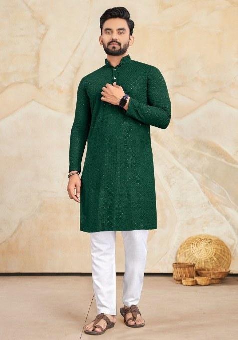 Green Embroidered Rayon Kurta Pajama Set For Men