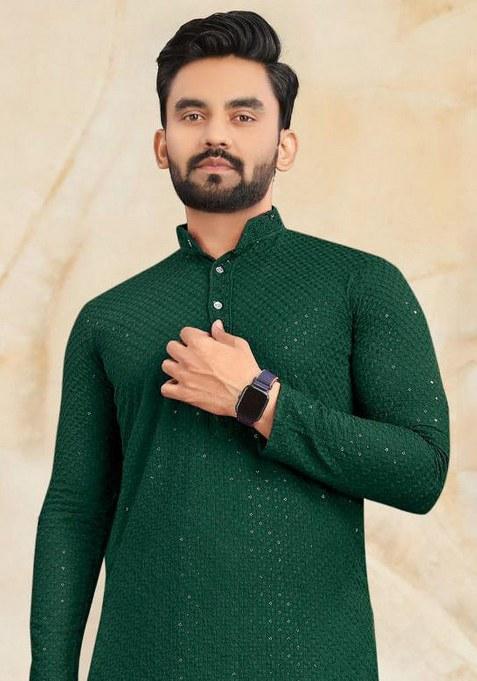 Green Embroidered Rayon Kurta Pajama Set For Men