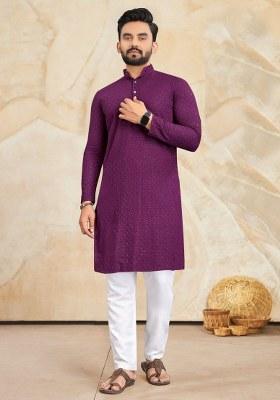 Purple Embroidered Rayon Kurta Pajama Set For Men