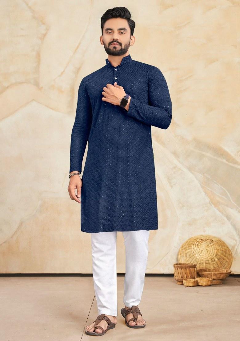 Blue Embroidered Rayon Kurta Pajama Set For Men
