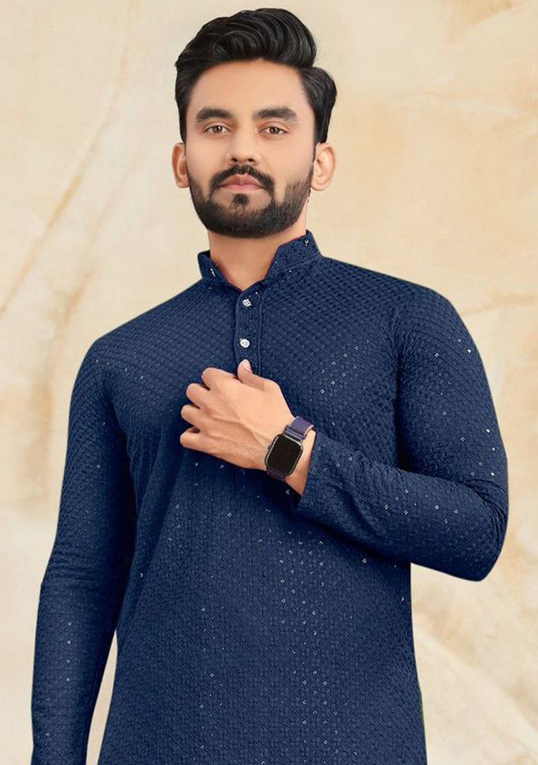 Blue Embroidered Rayon Kurta Pajama Set For Men