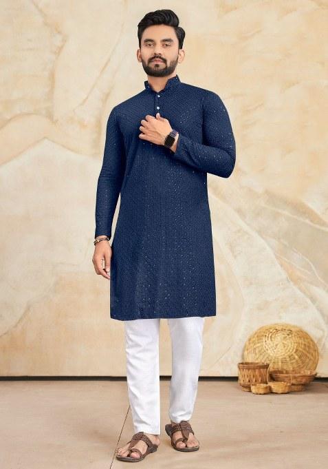 Blue Embroidered Rayon Kurta Pajama Set For Men