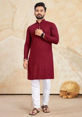Maroon Embroidered Rayon Kurta Pajama Set For Men