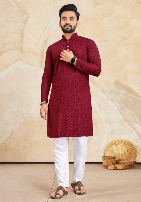 Maroon Embroidered Rayon Kurta Pajama Set For Men