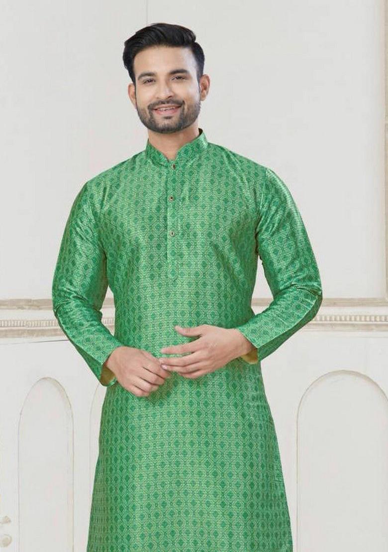Green Embroidered Jacquard Silk Kurta Pajama Set For Men