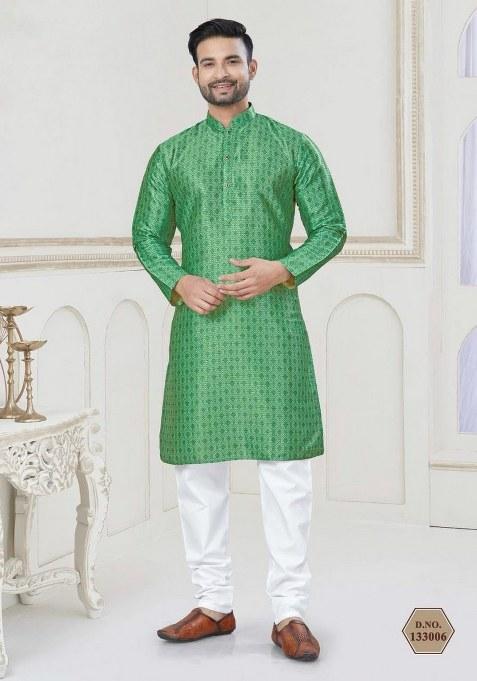 Green Embroidered Jacquard Silk Kurta Pajama Set For Men