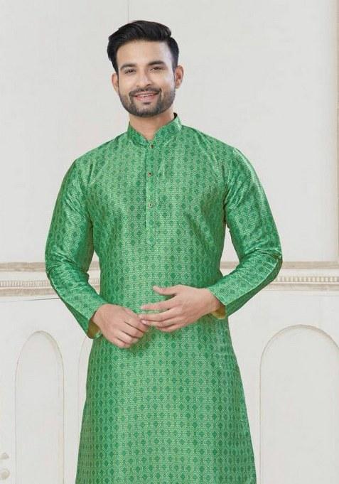 Green Embroidered Jacquard Silk Kurta Pajama Set For Men