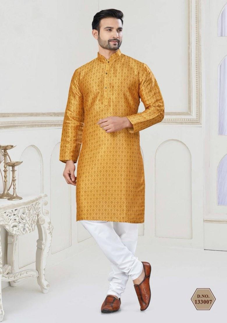 Yellow Embroidered Jacquard Silk Kurta Pajama Set For Men
