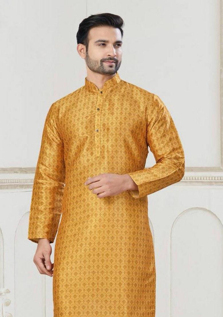 Yellow Embroidered Jacquard Silk Kurta Pajama Set For Men