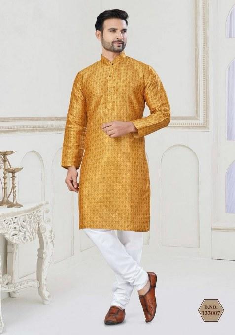 Yellow Embroidered Jacquard Silk Kurta Pajama Set For Men