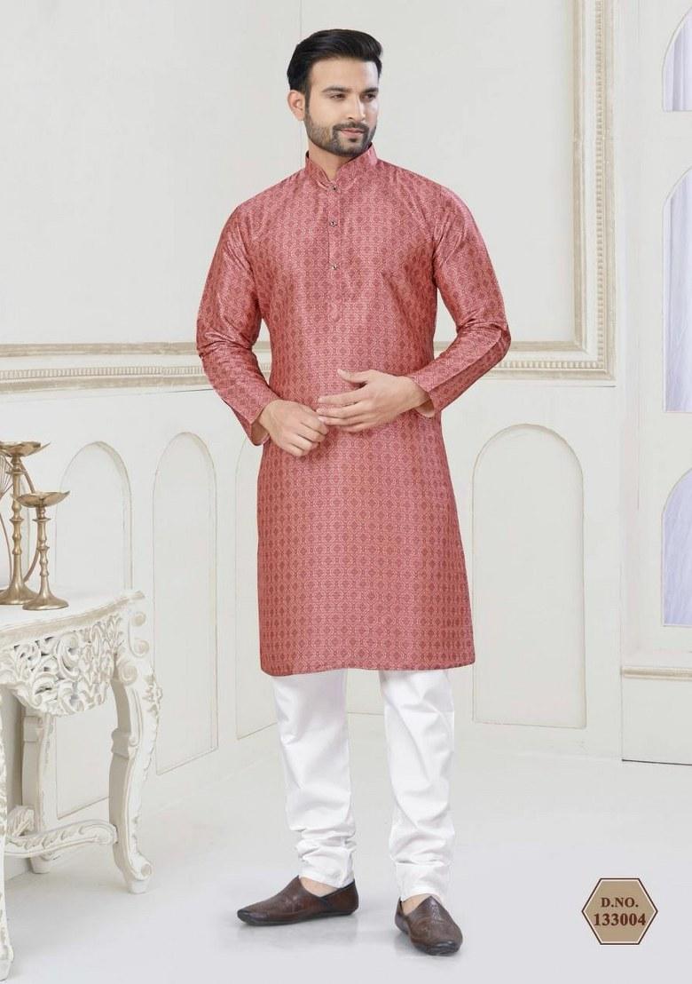 Pink Embroidered Jacquard Silk Kurta Pajama Set For Men