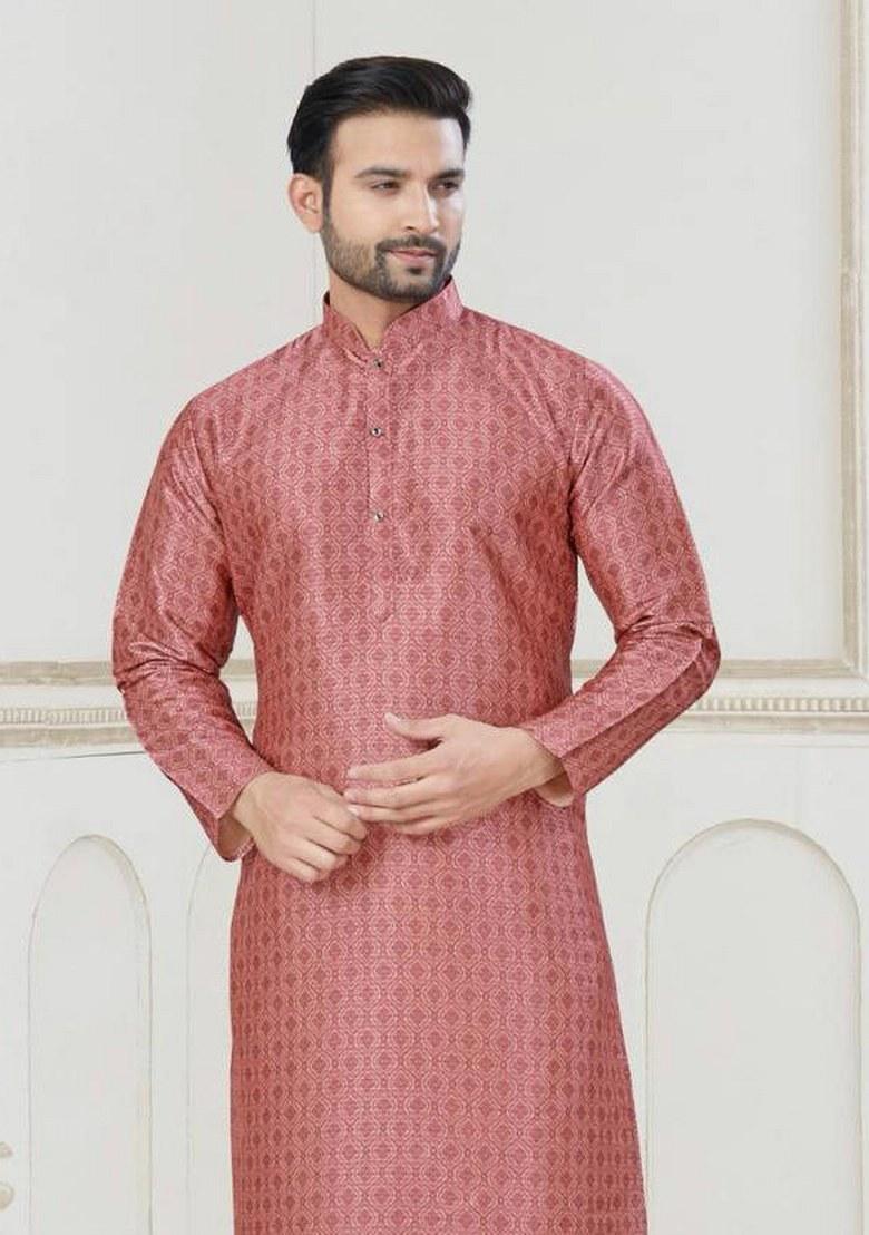 Pink Embroidered Jacquard Silk Kurta Pajama Set For Men