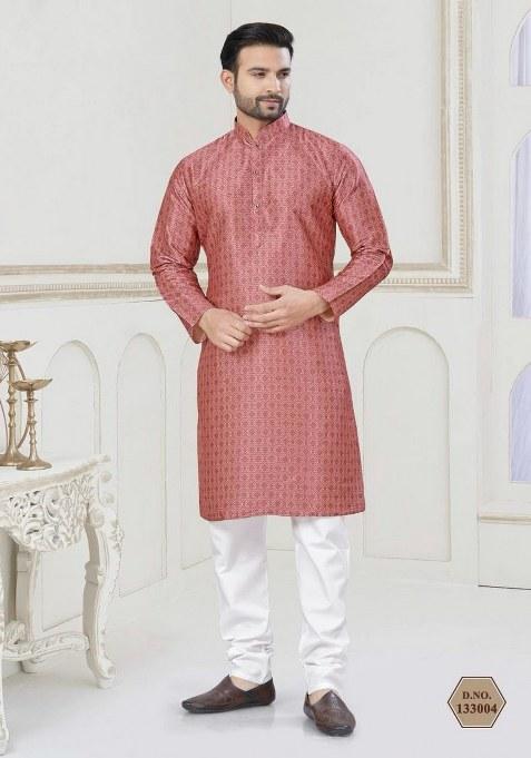 Pink Embroidered Jacquard Silk Kurta Pajama Set For Men