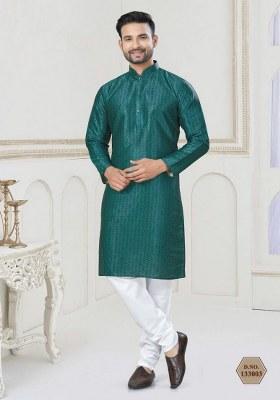 Teal Embroidered Jacquard Silk Kurta Pajama Set For Men