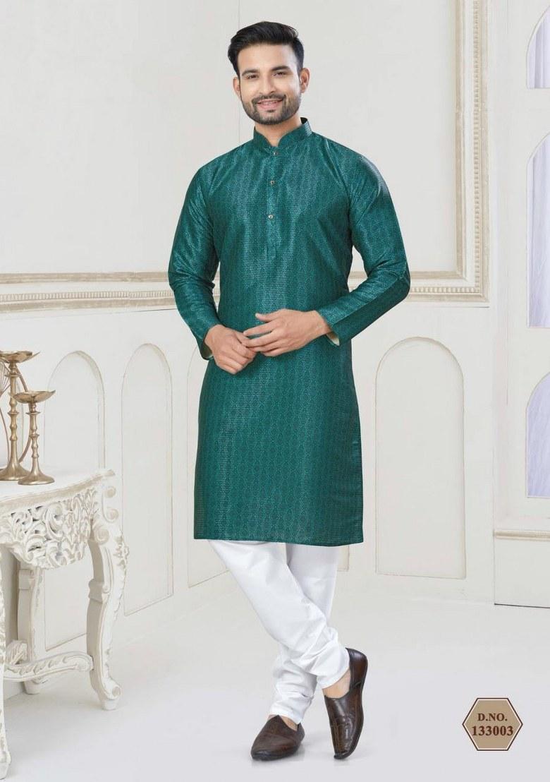Teal Embroidered Jacquard Silk Kurta Pajama Set For Men