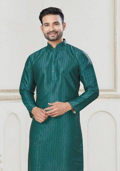 Teal Embroidered Jacquard Silk Kurta Pajama Set For Men