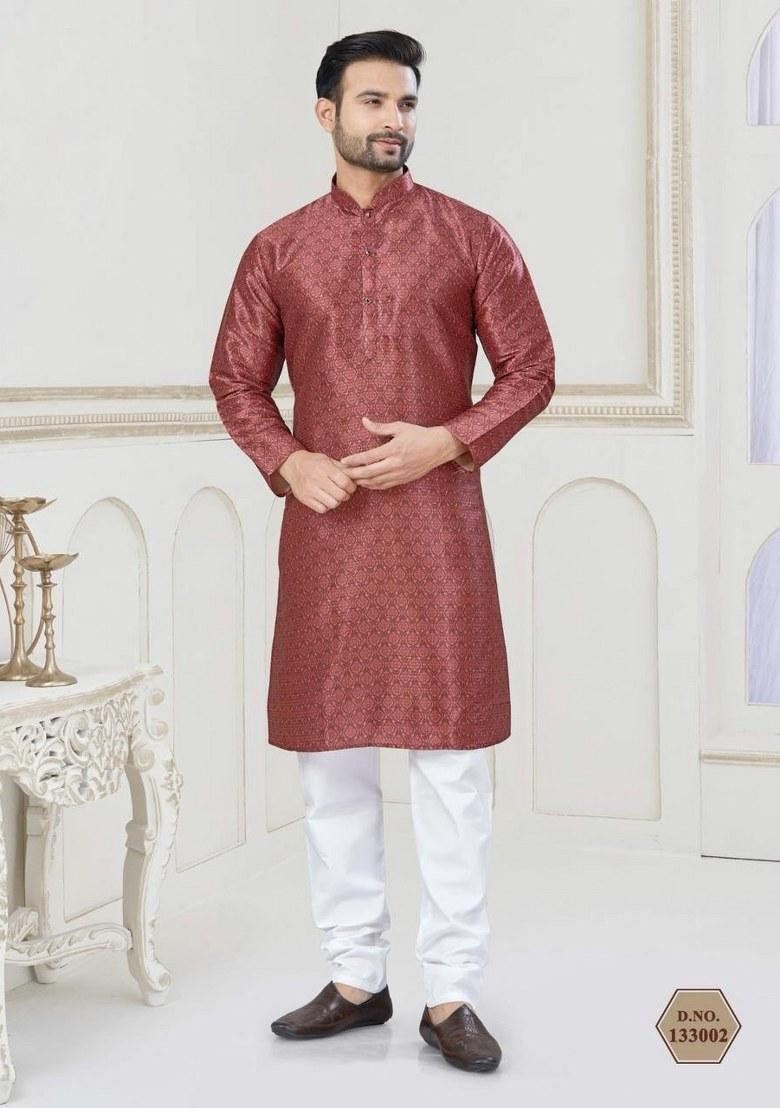 Maroon Embroidered Jacquard Silk Kurta Pajama Set For Men