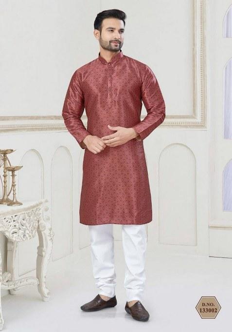 Maroon Embroidered Jacquard Silk Kurta Pajama Set For Men