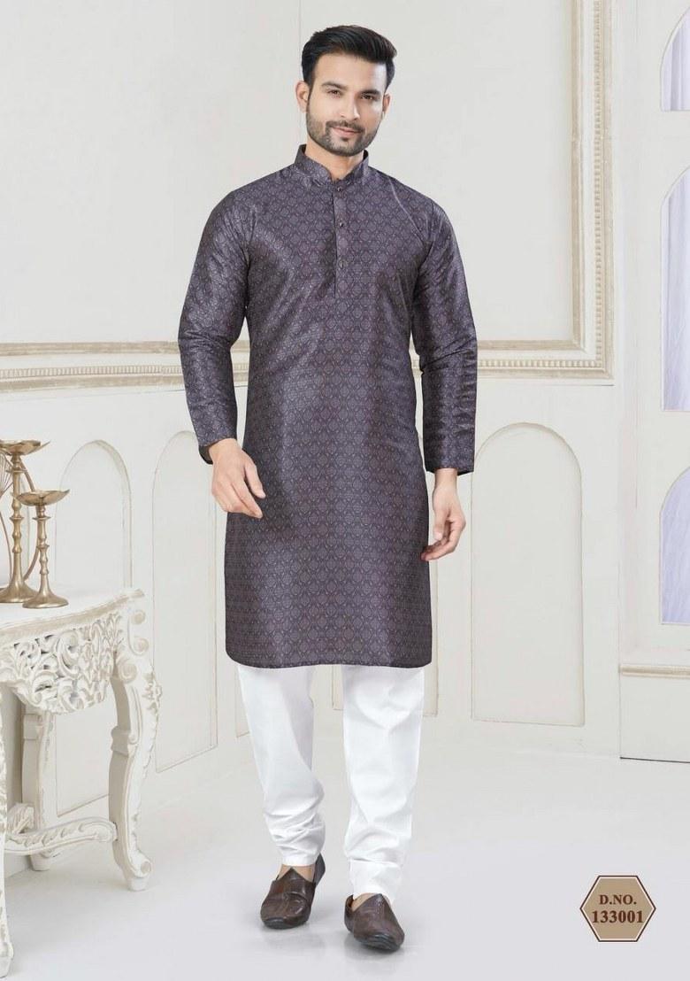 Purple Embroidered Jacquard Silk Kurta Pajama Set For Men