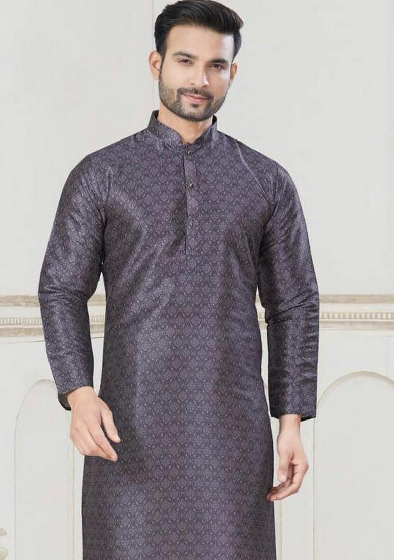 Purple Embroidered Jacquard Silk Kurta Pajama Set For Men
