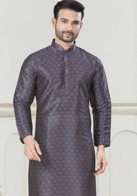 Purple Embroidered Jacquard Silk Kurta Pajama Set For Men