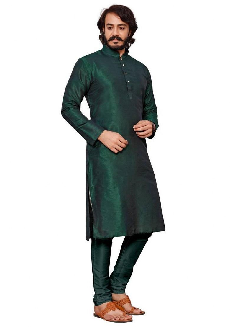 Green Embroidered Silk Kurta Pajama Set For Men
