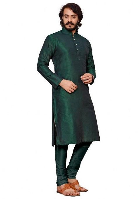 Green Embroidered Silk Kurta Pajama Set For Men