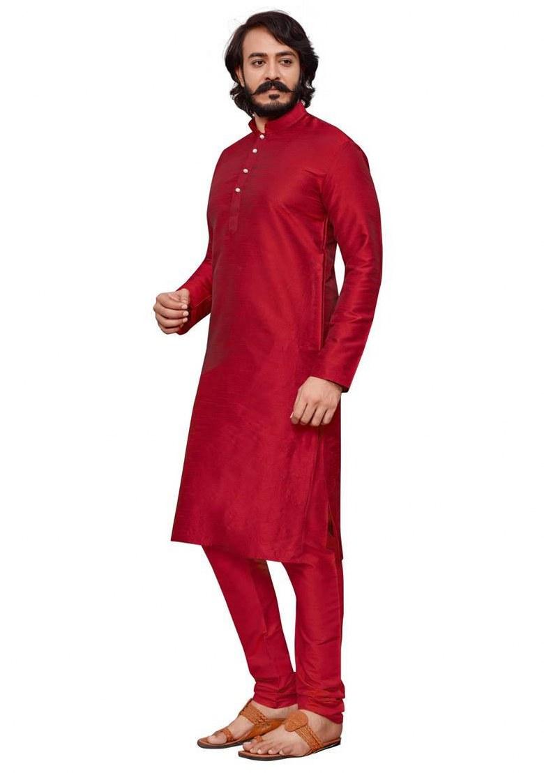 Maroon Embroidered Silk Kurta Pajama Set For Men